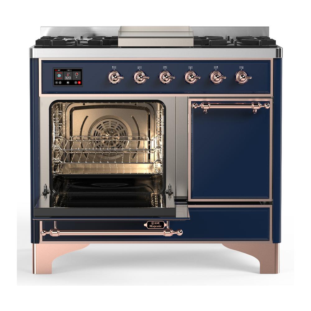 ILVE UMD40FQNR3MBPLP Majestic III 40 inch Dual Fuel Range with 6 Burners and Griddle, Dual Function Burner up to 25,000 BTU (Liquid Propane, Solid Door, Midnight Blue, Copper)