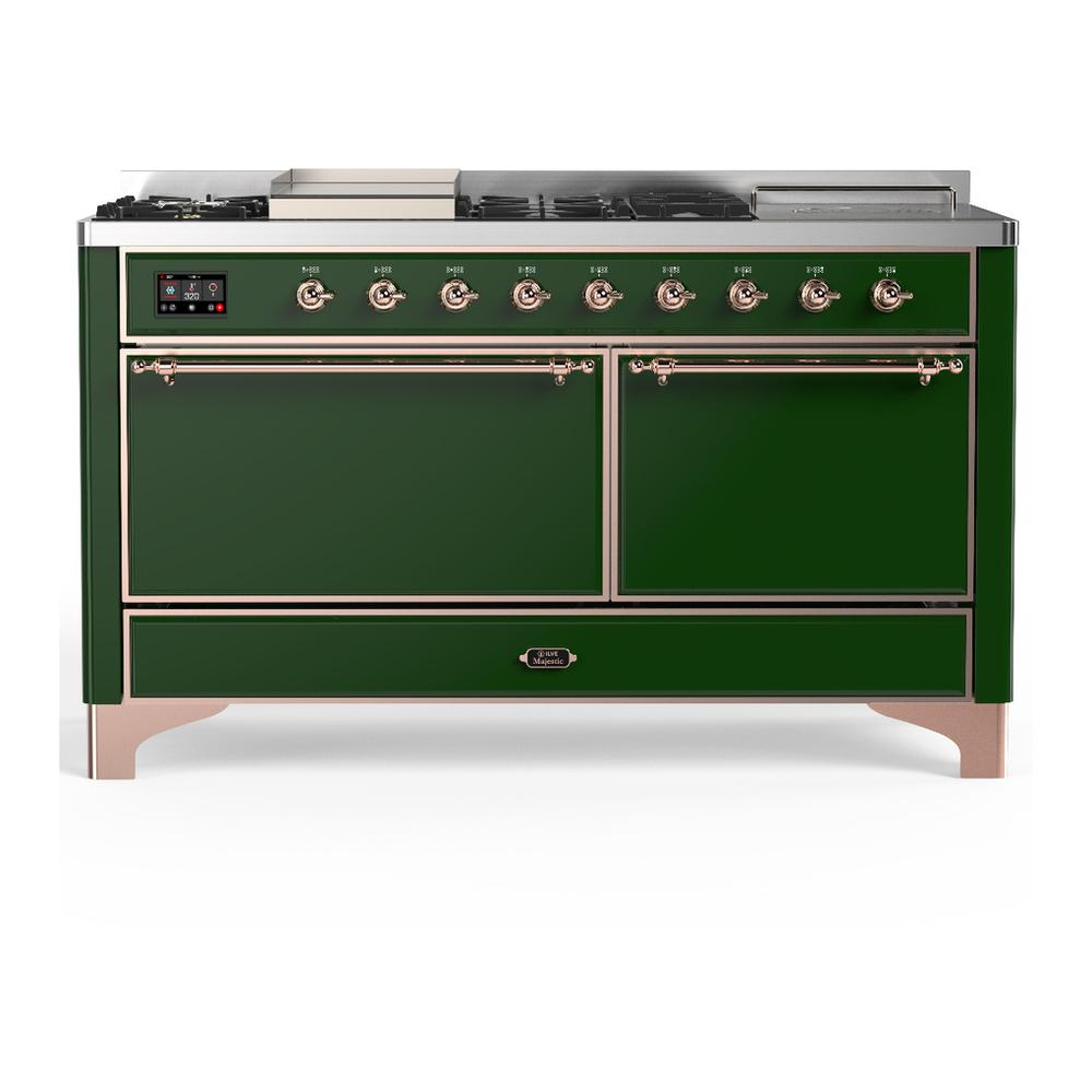 ILVE UM60FSQNR3EGP Majestic III 60 inch Dual Fuel Range with 7 Burners, Griddle and French Top, Dual Function Burner with up to 25,000 BTU (Natural Gas, Solid Door, Emerald Green, Copper)