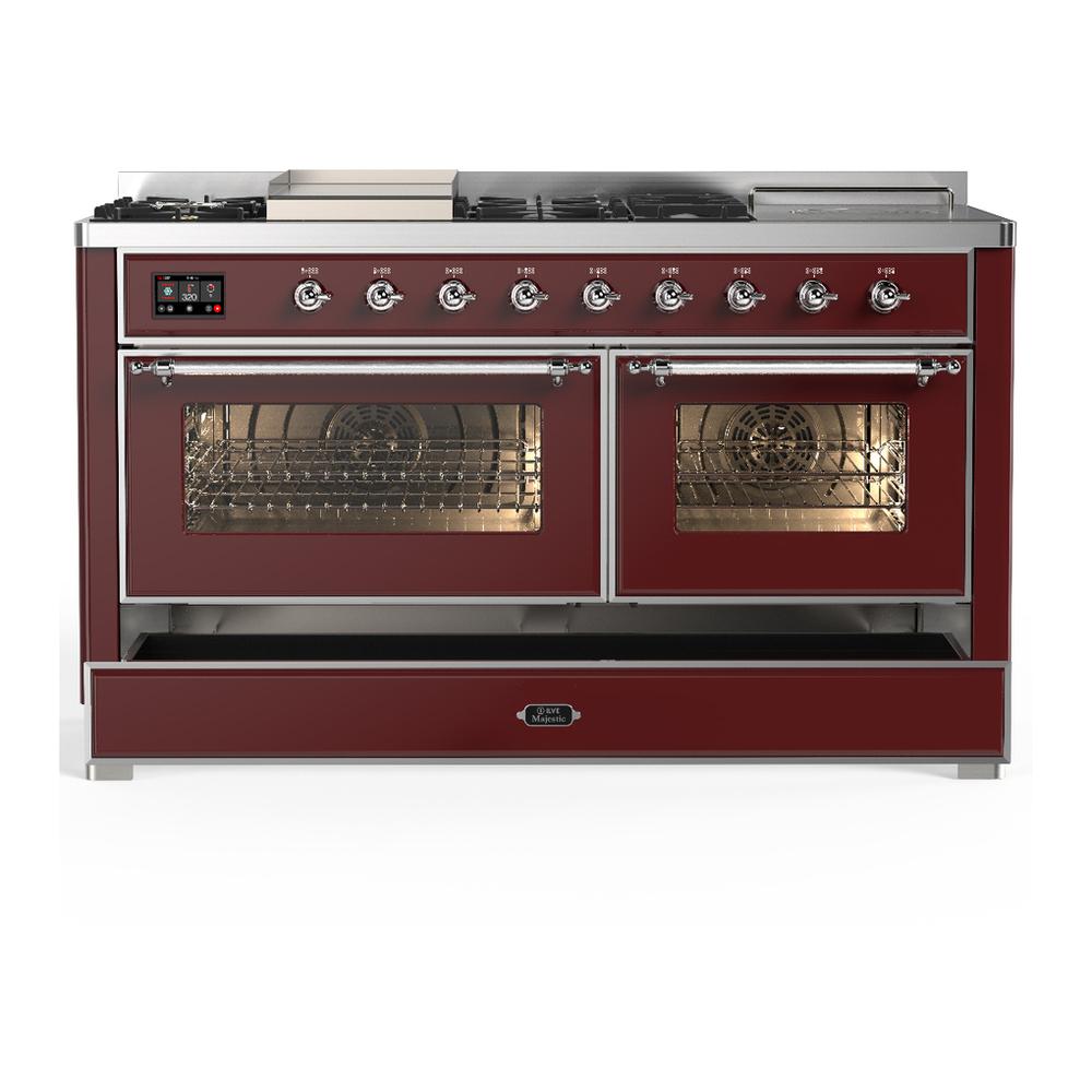 ILVE UM60FSNR3BUCLP Majestic III 60 inch Dual Fuel Range with 7 Burners, Griddle and French Top, Dual Function Burner with up to 25,000 BTU (Liquid Propane, Triple Glass Door, Burgundy, Chrome)