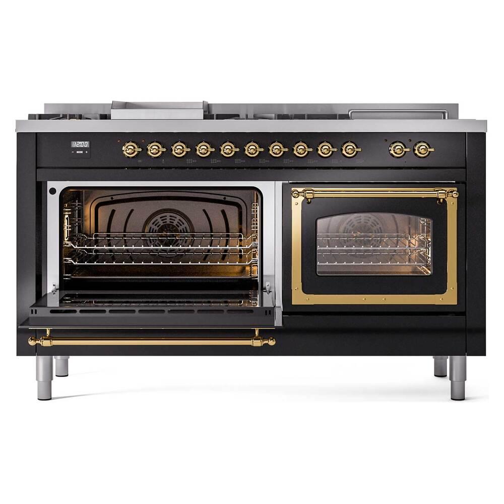 ILVE UN60FSNMPBKGLP Nostalgie II Noblesse 60 inch Dual Fuel Range (7 Sealed Burners + Griddle + French Top, Liquid Propane, Triple Glass Door, Glossy Black, Brass)