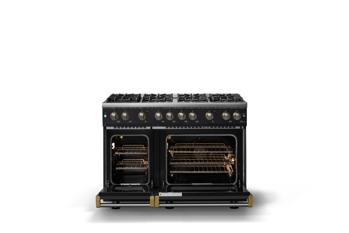 48"W. Sealed Burner Gas Range (Burner: 8b, Finish: Onyx, Trim: Brushed Brass, Fuel: Propane)