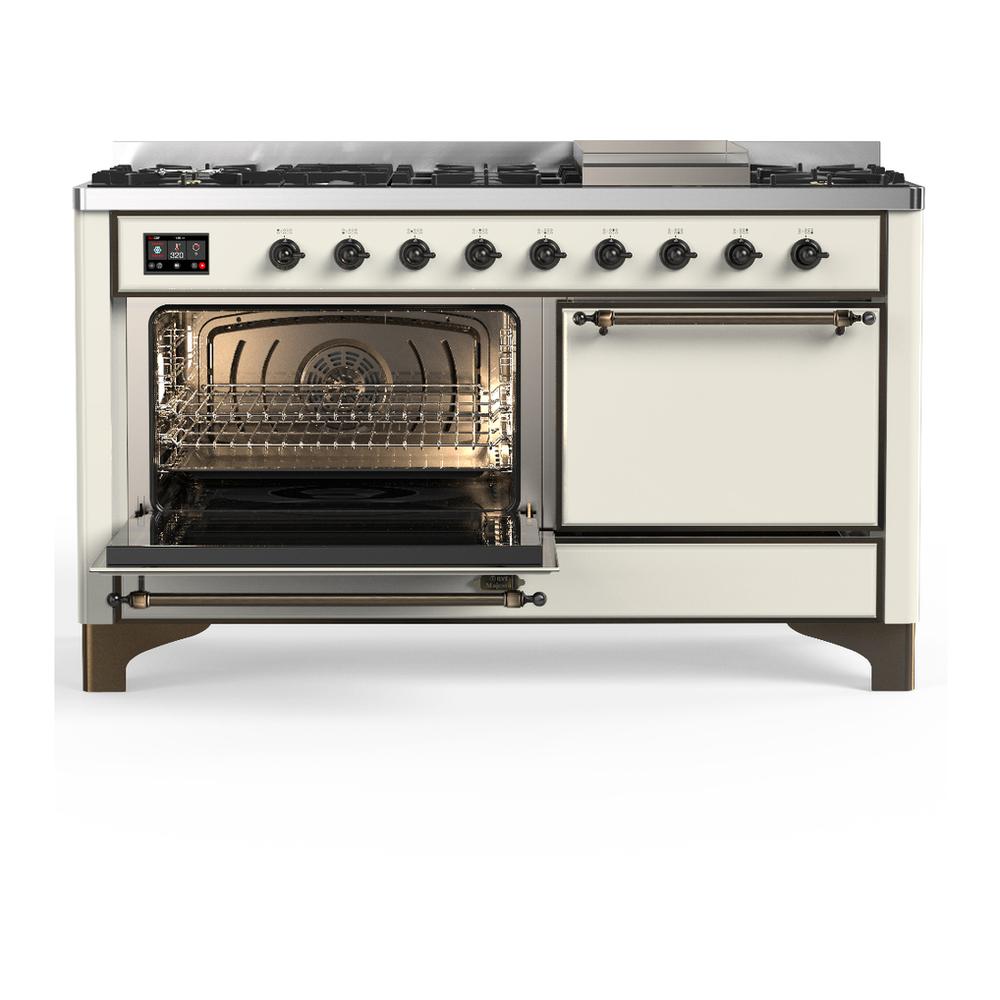 ILVE UM60FQNR3AWB Majestic III 60 inch Dual Fuel Range with 9 Burners and Griddle, Dual Function Burner up to 25,000 BTU (Natural Gas, Solid Door, Antique White, Burnished)