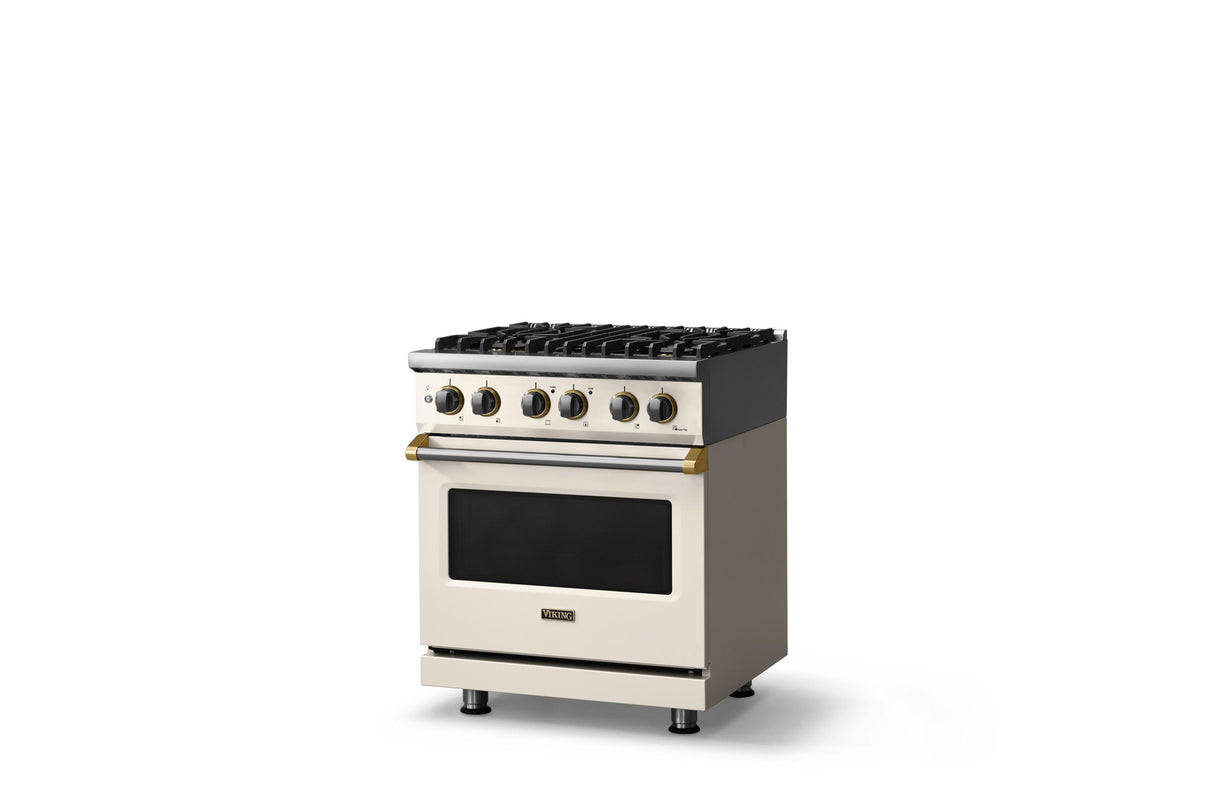 30"W. Dual Fuel Range (Finish: Pure White, Trim: Brushed Brass, Fuel: Natural Gas)