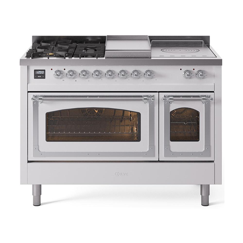 ILVE UN48FSNMPWHC Nostalgie II Noblesse 48 inch Dual Fuel Range (5 Sealed Burners + Griddle + French Top, Natural Gas, Triple Glass Door, White, Chrome)