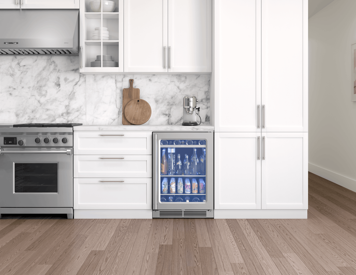 Presrv Pro Beverage Cooler, 24in Under Cabinet, SS+Glass, Reverse Door, 1 Zone