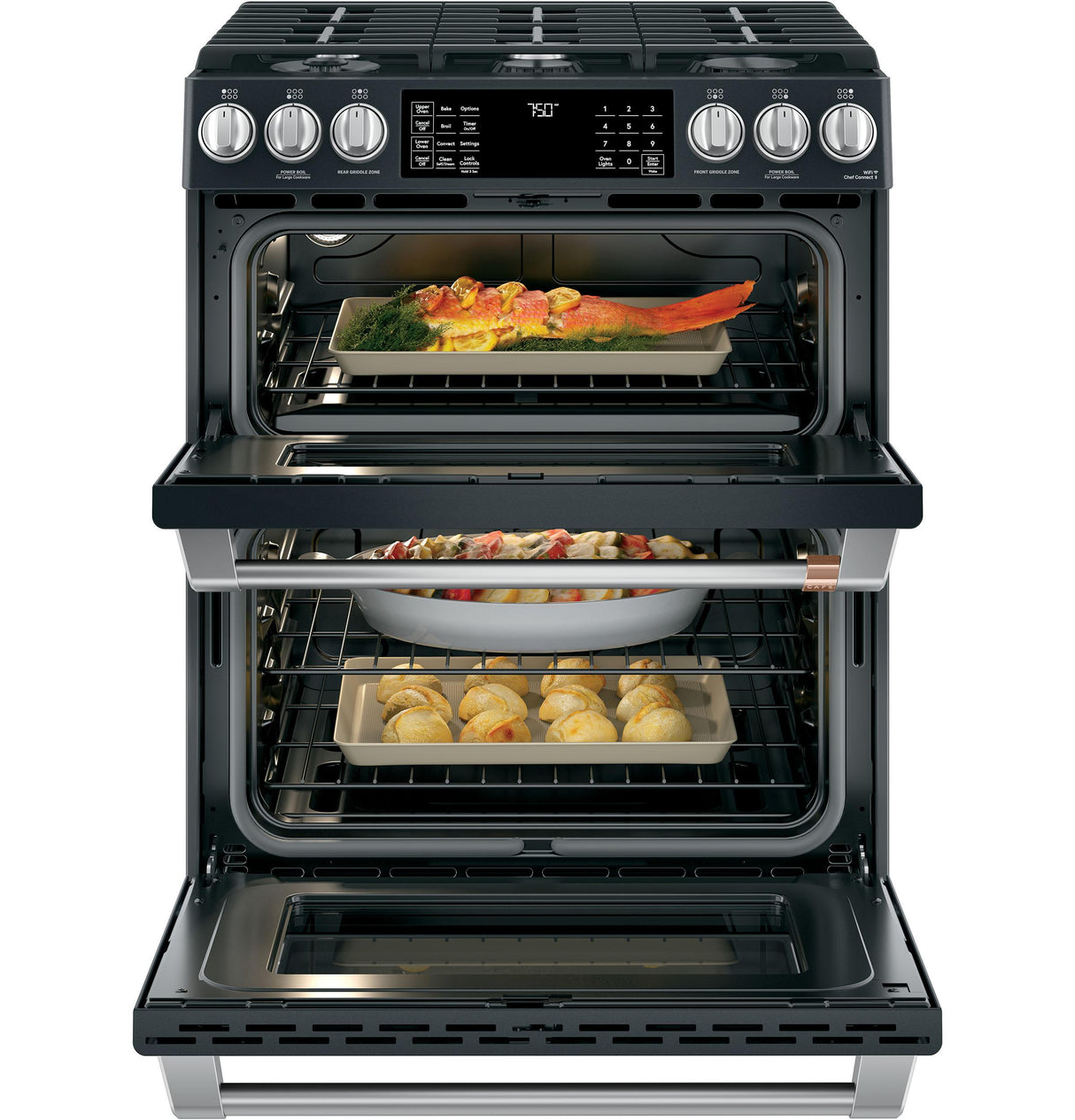 Café™ 30" Smart Slide-In, Front-Control, Gas Double-Oven Range with Convection