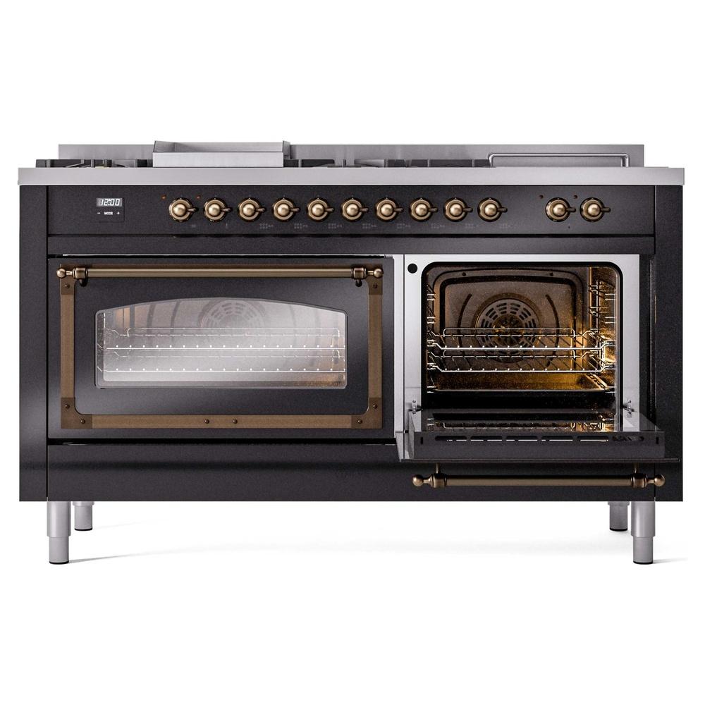 ILVE UN60FSNMPBKB Nostalgie II Noblesse 60 inch Dual Fuel Range (7 Sealed Burners + Griddle + French Top, Natural Gas, Triple Glass Door, Glossy Black, Burnished)