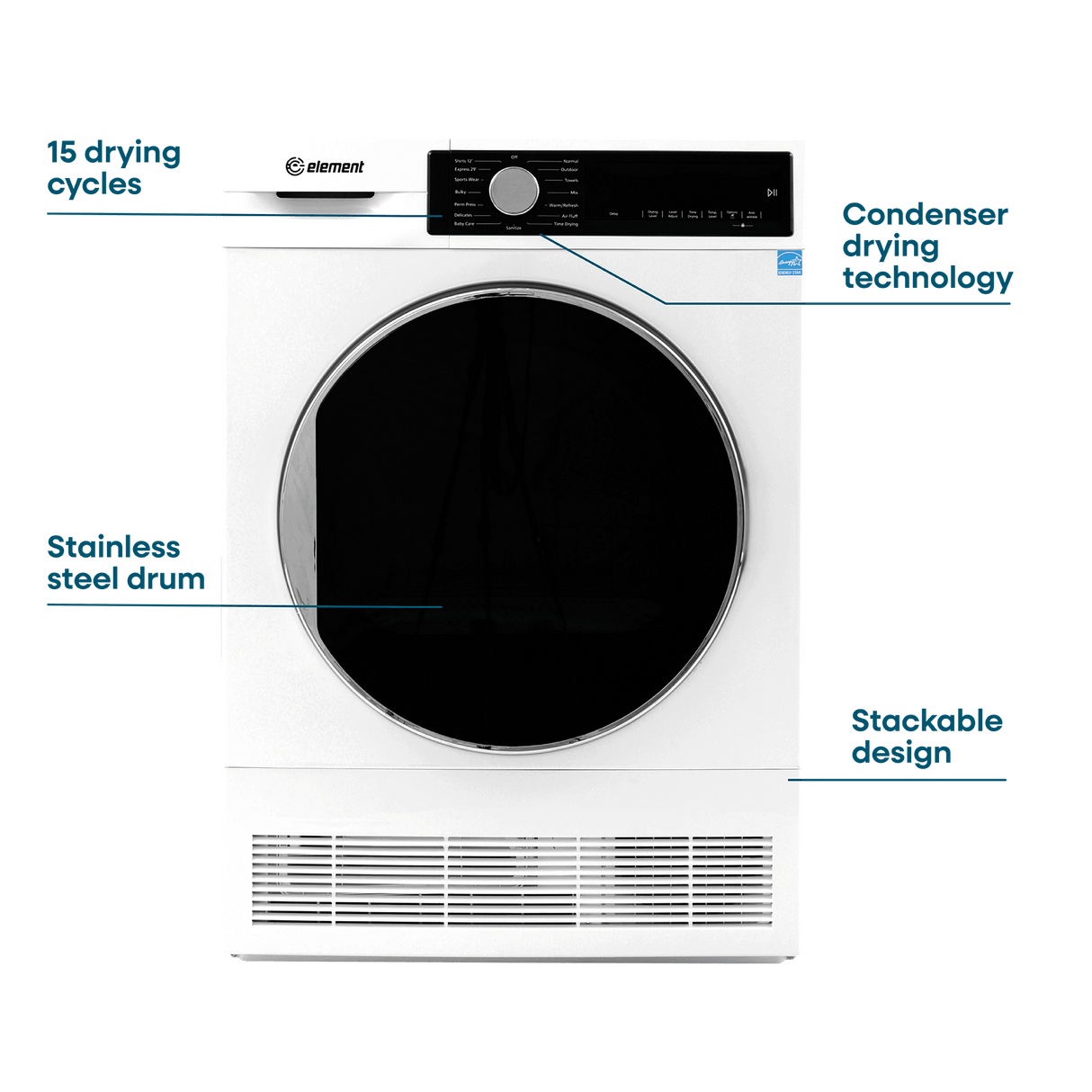 Element 4.0 cu. ft. Front Load Electric Dryer - White, ENERGY STAR (ECD4224EGW)