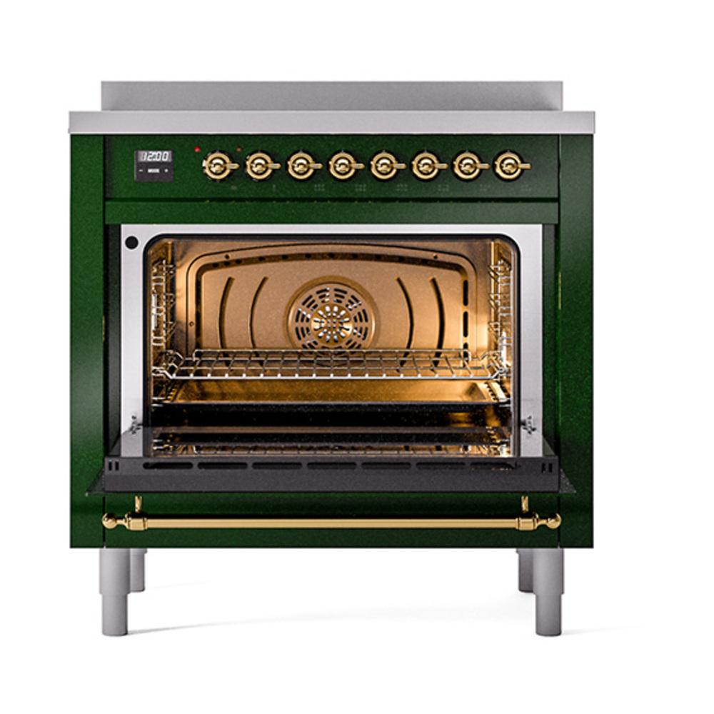 ILVE UNI366NMPEGG Nostalgie II Noblesse 36 inch Induction Range (Triple Glass Door, Emerald Green, Brass)