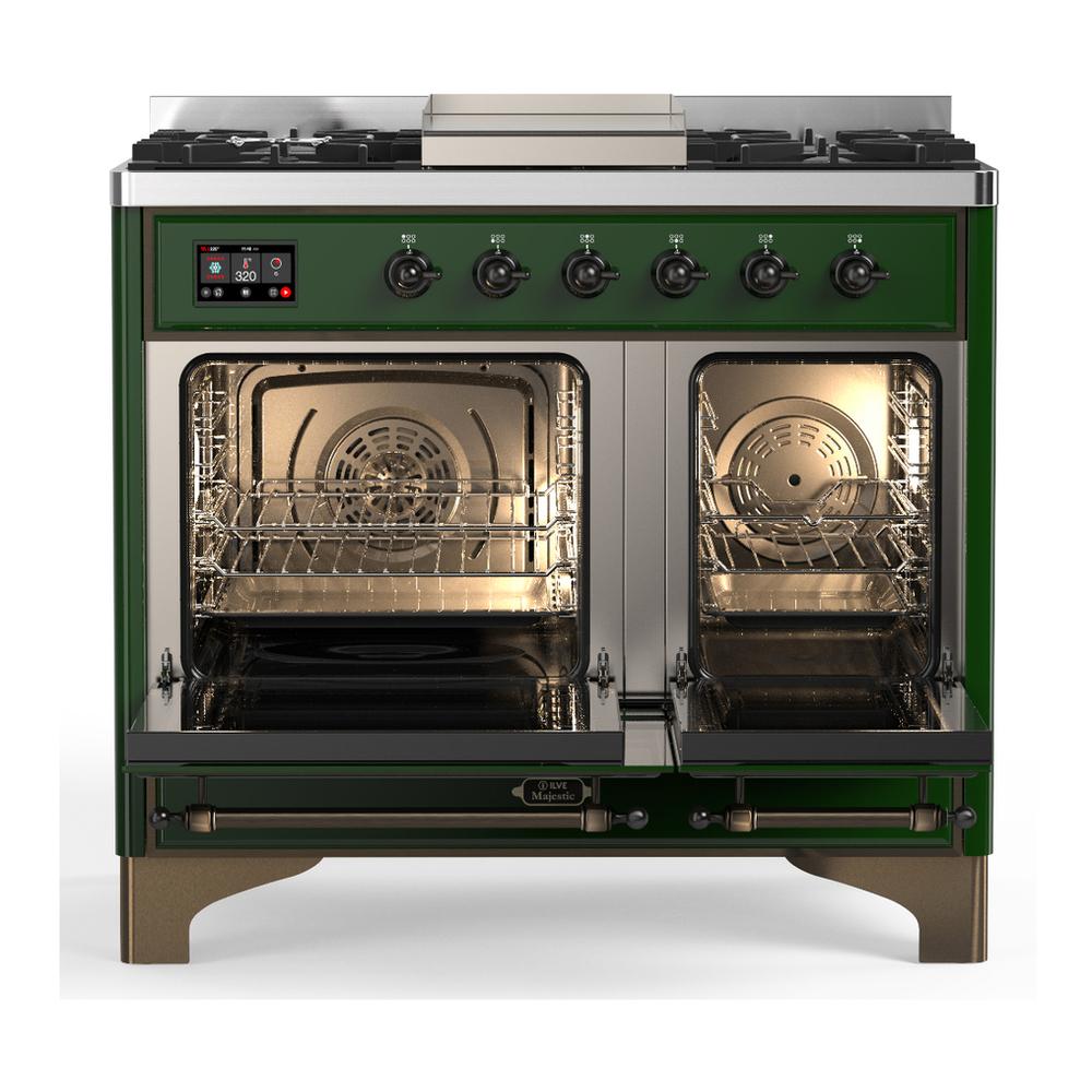 ILVE UMD40FNR3EGB Majestic III 40 inch Dual Fuel Range with 6 Burners and Griddle, Dual Function Burner up to 25,000 BTU (Natural Gas, Triple Glass Door, Emerald Green, Burnished)