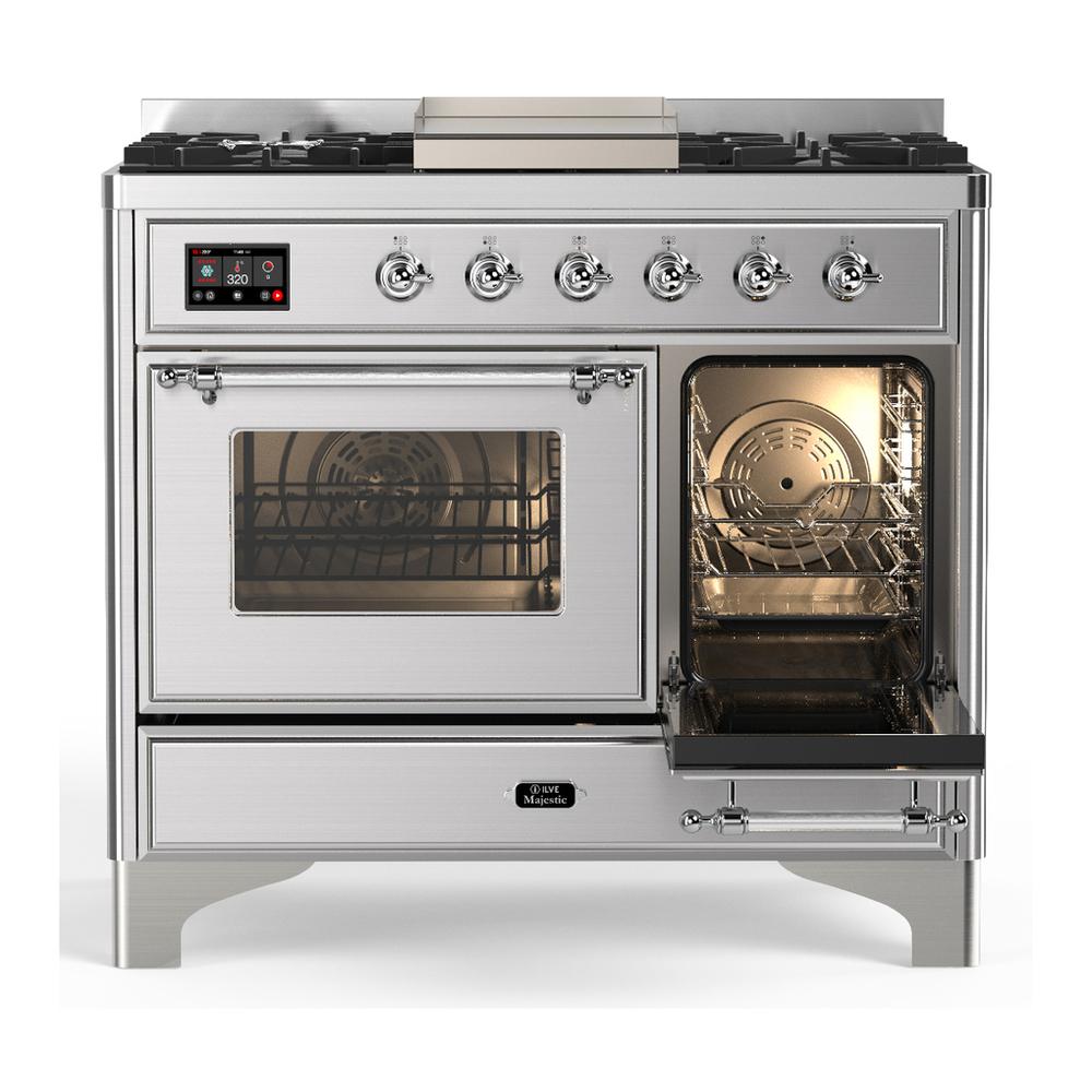 ILVE UMD40FNR3SSC Majestic III 40 inch Dual Fuel Range with 6 Burners and Griddle, Dual Function Burner up to 25,000 BTU (Natural Gas, Triple Glass Door, Stainless Steel, Chrome)