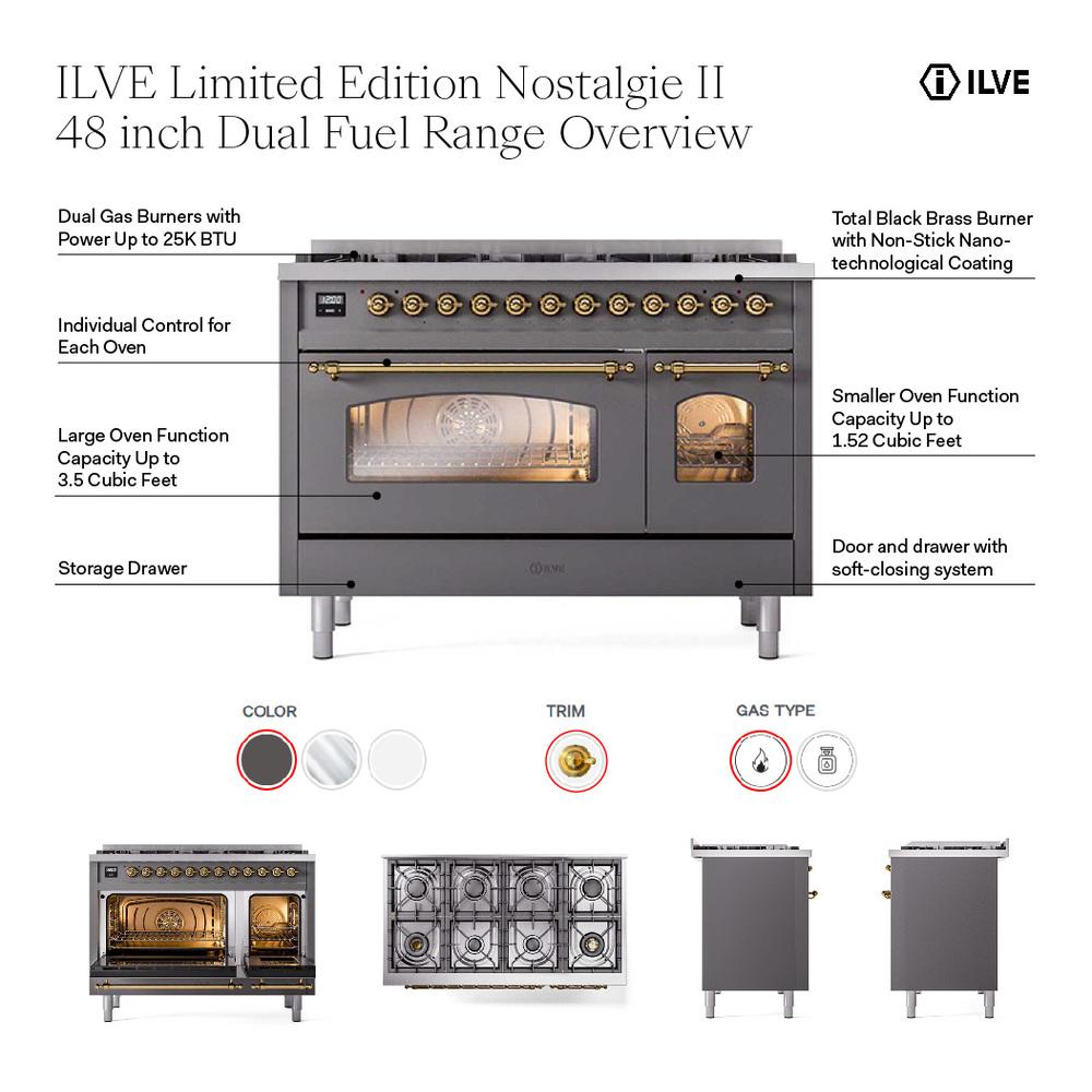 ILVE UP488NMPWHGLP Nostalgie II 48 inch Dual Fuel Range with 8 Total Black Brass Sealed Burners, Brass Trim (Limited Edition) (Liquid Propane, White)