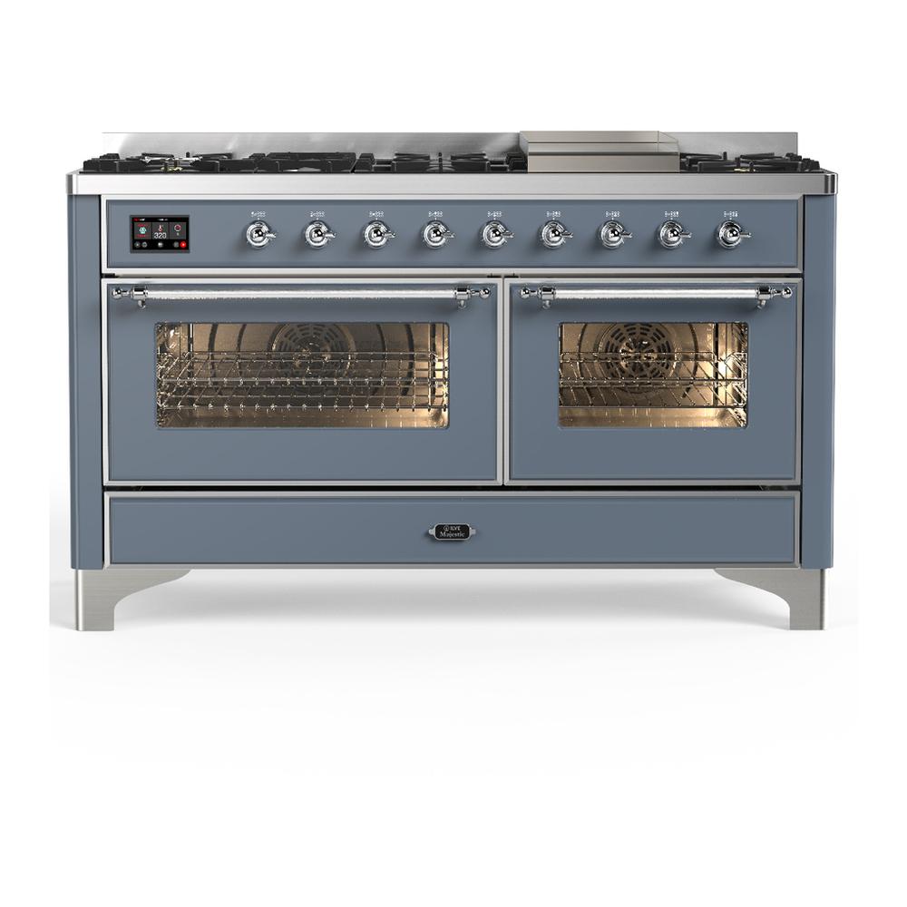 ILVE UM60FNR3BGC Majestic III 60 inch Dual Fuel Range with 9 Burners and Griddle, Dual Function Burner up to 25,000 BTU (Natural Gas, Triple Glass Door, Blue Grey, Chrome)