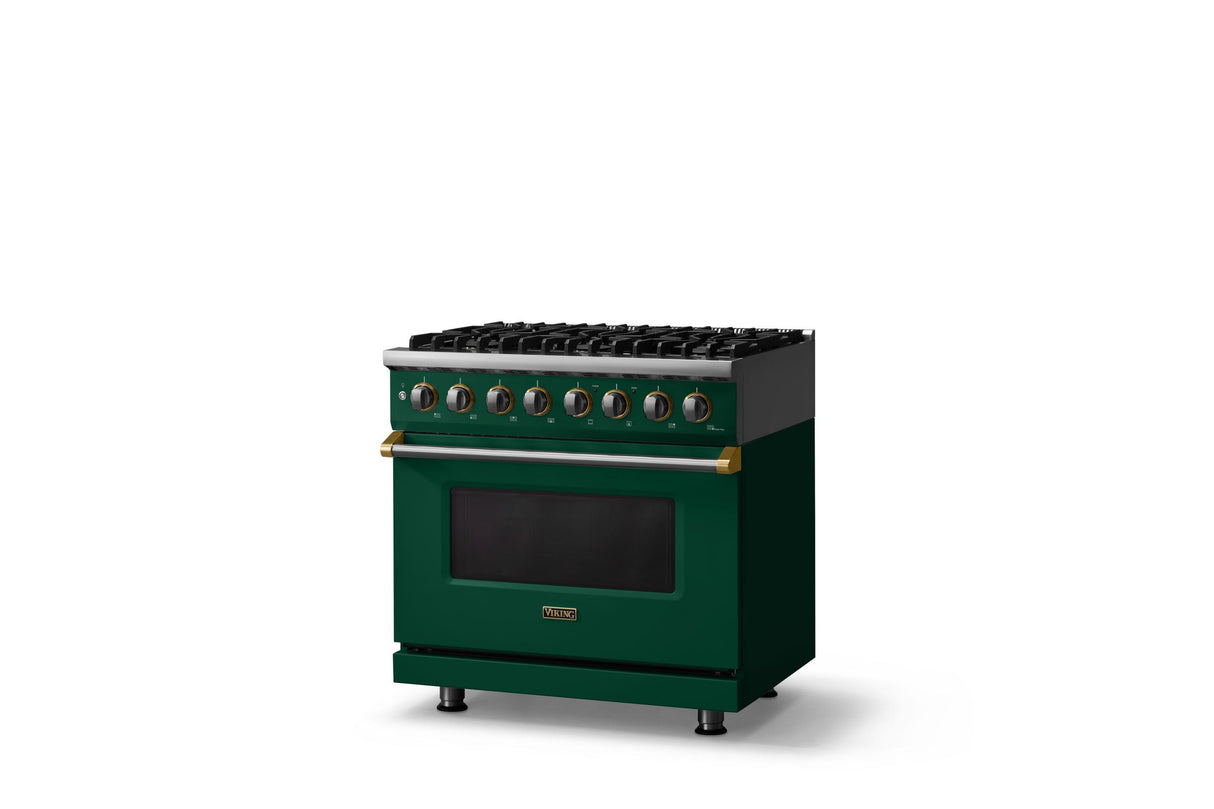 36"W. Dual Fuel Range (Burner: 6b, Finish: Ivy, Trim: Brushed Brass, Fuel: Natural Gas)