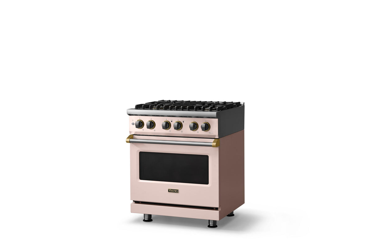 30"W. Dual Fuel Range (Finish: Blush, Trim: Brushed Brass, Fuel: Propane)