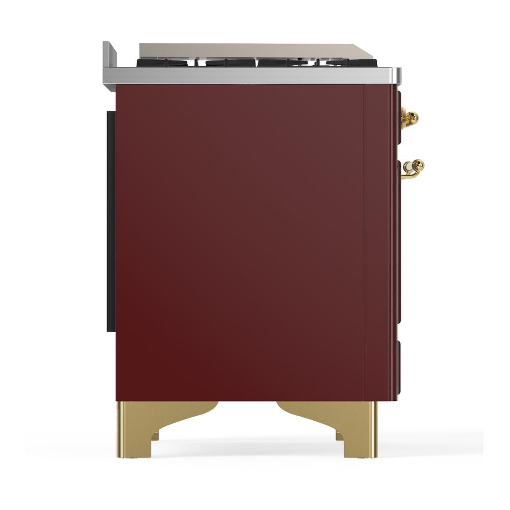 ILVE UM48FQNR3BUGLP Majestic III 48 inch Dual Fuel Range with 8 Burners and Griddle, Dual Function Burner up to 25,000 BTU (Liquid Propane, Solid Door, Burgundy, Brass)