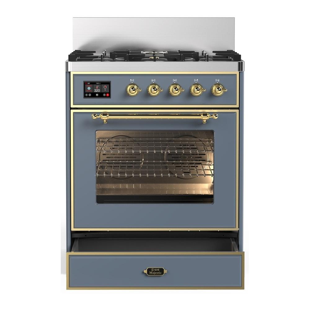 ILVE UM30NR3BGGLP Majestic III 30 inch Dual Fuel Range with 5 Black Brass Burners, Dual Function Burner up to 25,000 BTU (Liquid Propane, Triple Glass Door, Blue Grey, Brass)