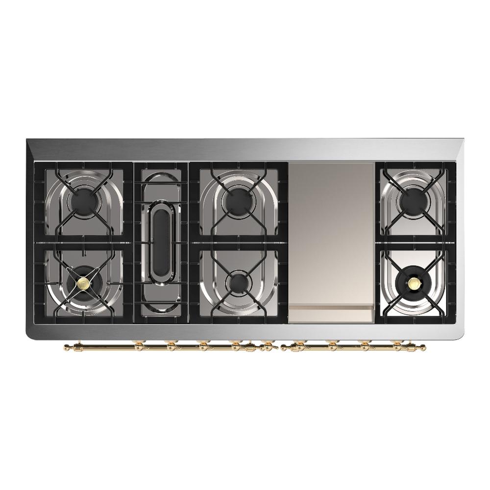 ILVE UM60FNR3MBG Majestic III 60 inch Dual Fuel Range with 9 Burners and Griddle, Dual Function Burner up to 25,000 BTU (Natural Gas, Triple Glass Door, Midnight Blue, Brass)