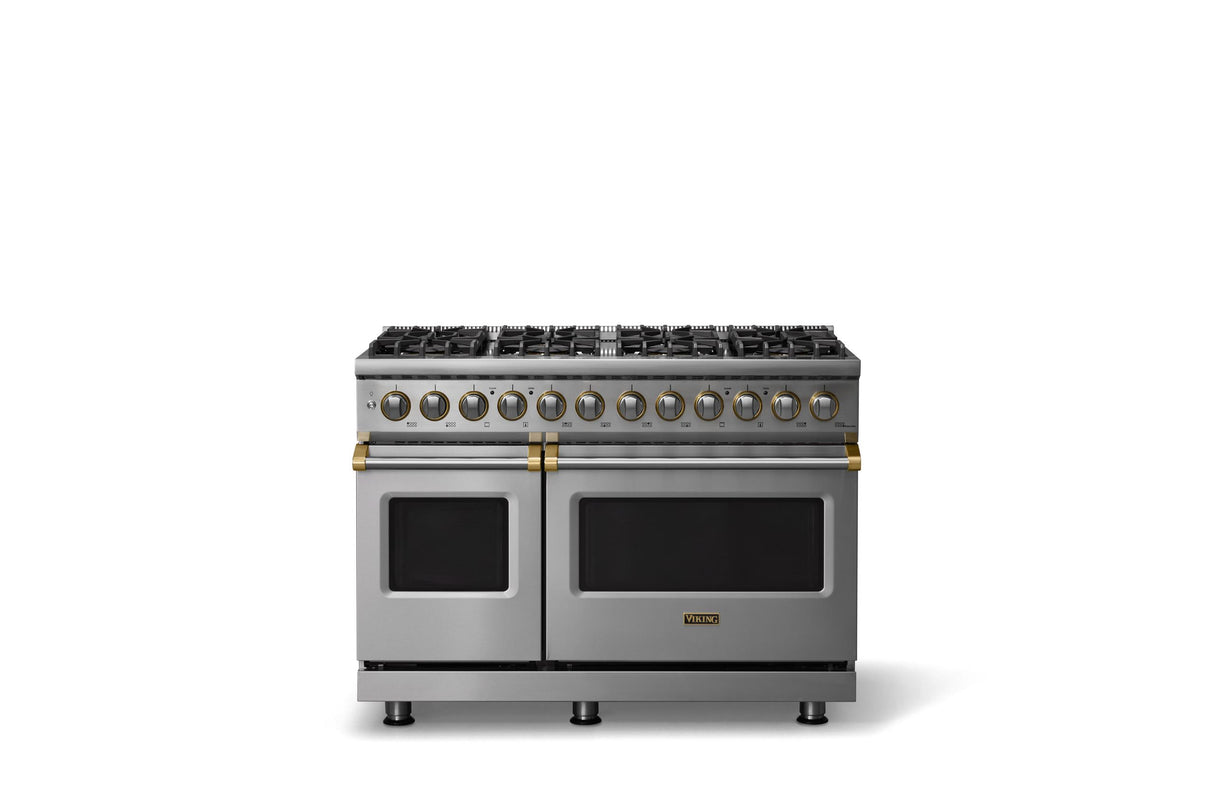 48"W. Dual Fuel Range (Burner: 8b, Finish: Stainless Steel, Trim: Brushed Brass, Fuel: Propane)