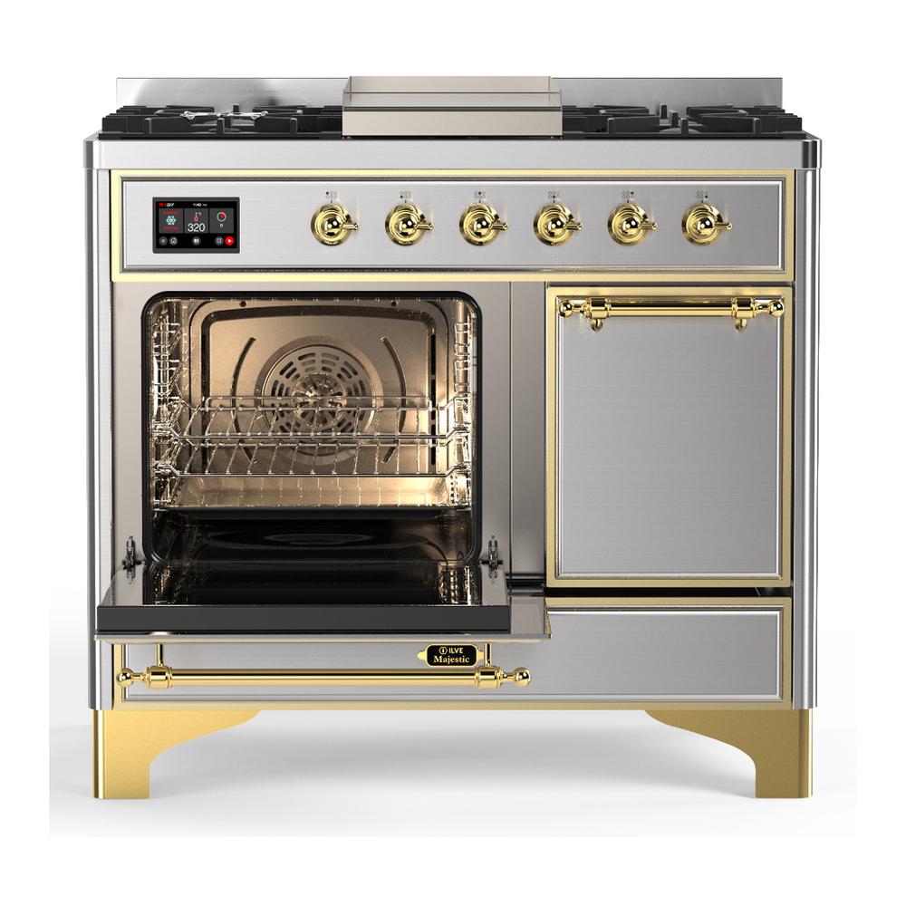 ILVE UMD40FQNR3SSGLP Majestic III 40 inch Dual Fuel Range with 6 Burners and Griddle, Dual Function Burner up to 25,000 BTU (Liquid Propane, Solid Door, Stainless Steel, Brass)