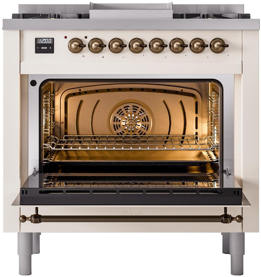 Nostalgie II 36 Inch Dual Fuel Natural Gas Freestanding Range in Antique White with Bronze Trim