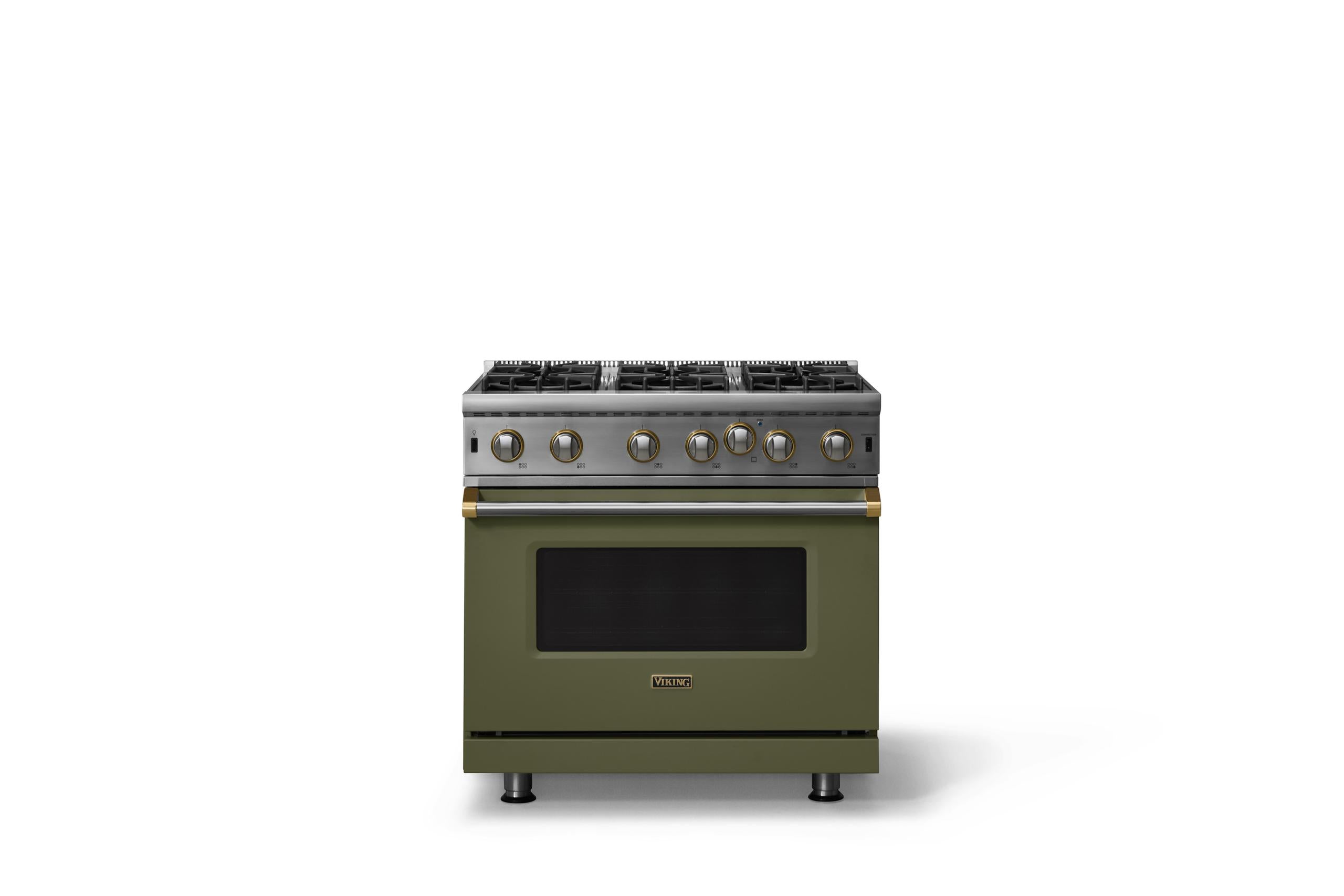 36"W. Open Burner Gas Range (Finish: Martini, Trim: Brushed Brass, Fuel: Propane)