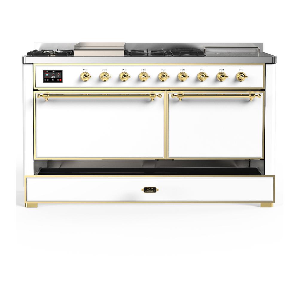 ILVE UM60FSQNR3WHGLP Majestic III 60 inch Dual Fuel Range with 7 Burners, Griddle and French Top, Dual Function Burner with up to 25,000 BTU (Liquid Propane, Solid Door, White, Brass)