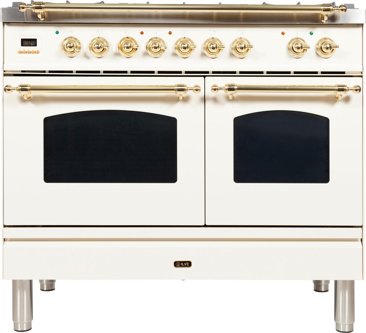 Nostalgie 40 Inch Dual Fuel Natural Gas Freestanding Range in Antique White with Brass Trim