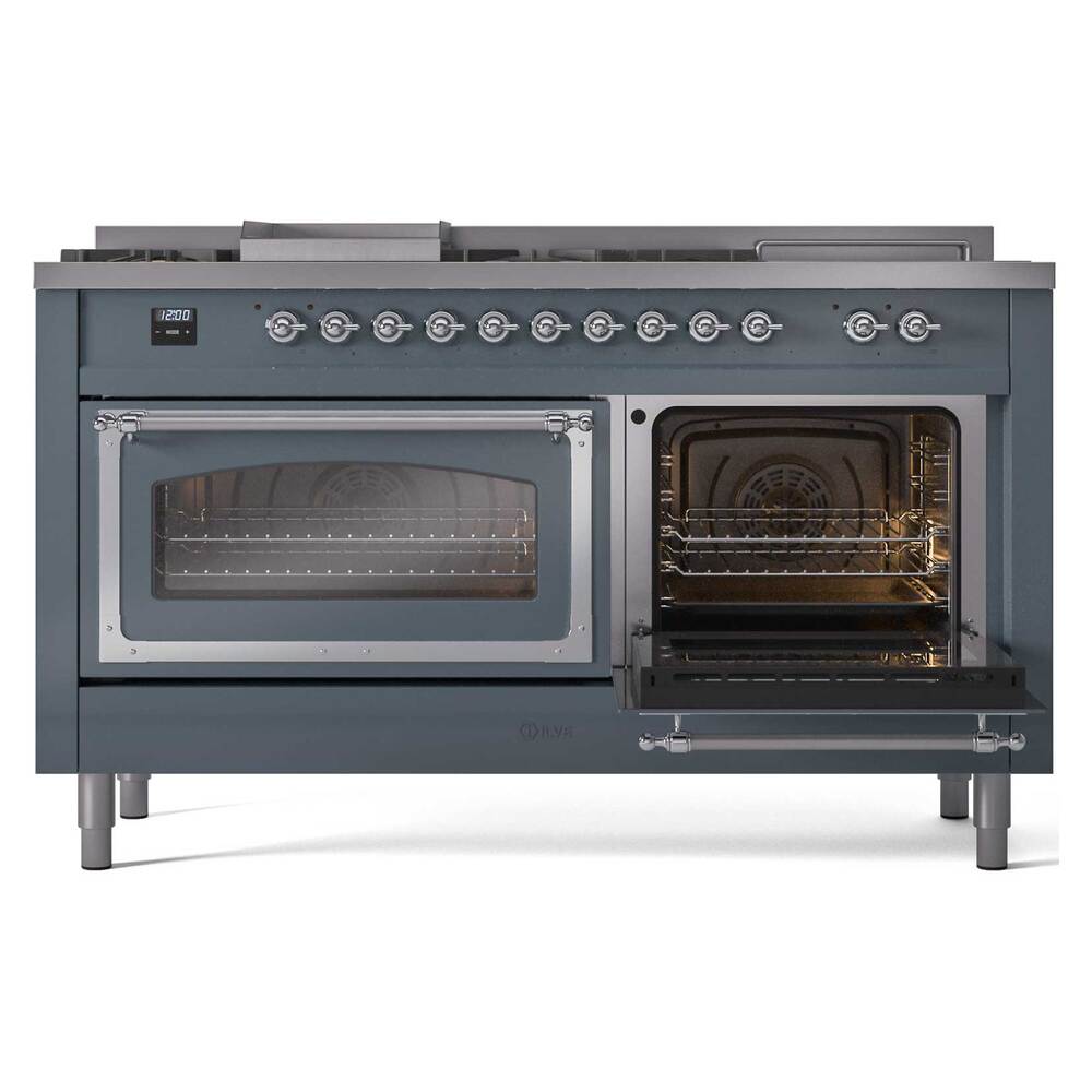ILVE UN60FSNMPBGCLP Nostalgie II Noblesse 60 inch Dual Fuel Range (7 Sealed Burners + Griddle + French Top, Liquid Propane, Triple Glass Door, Blue Grey, Chrome)