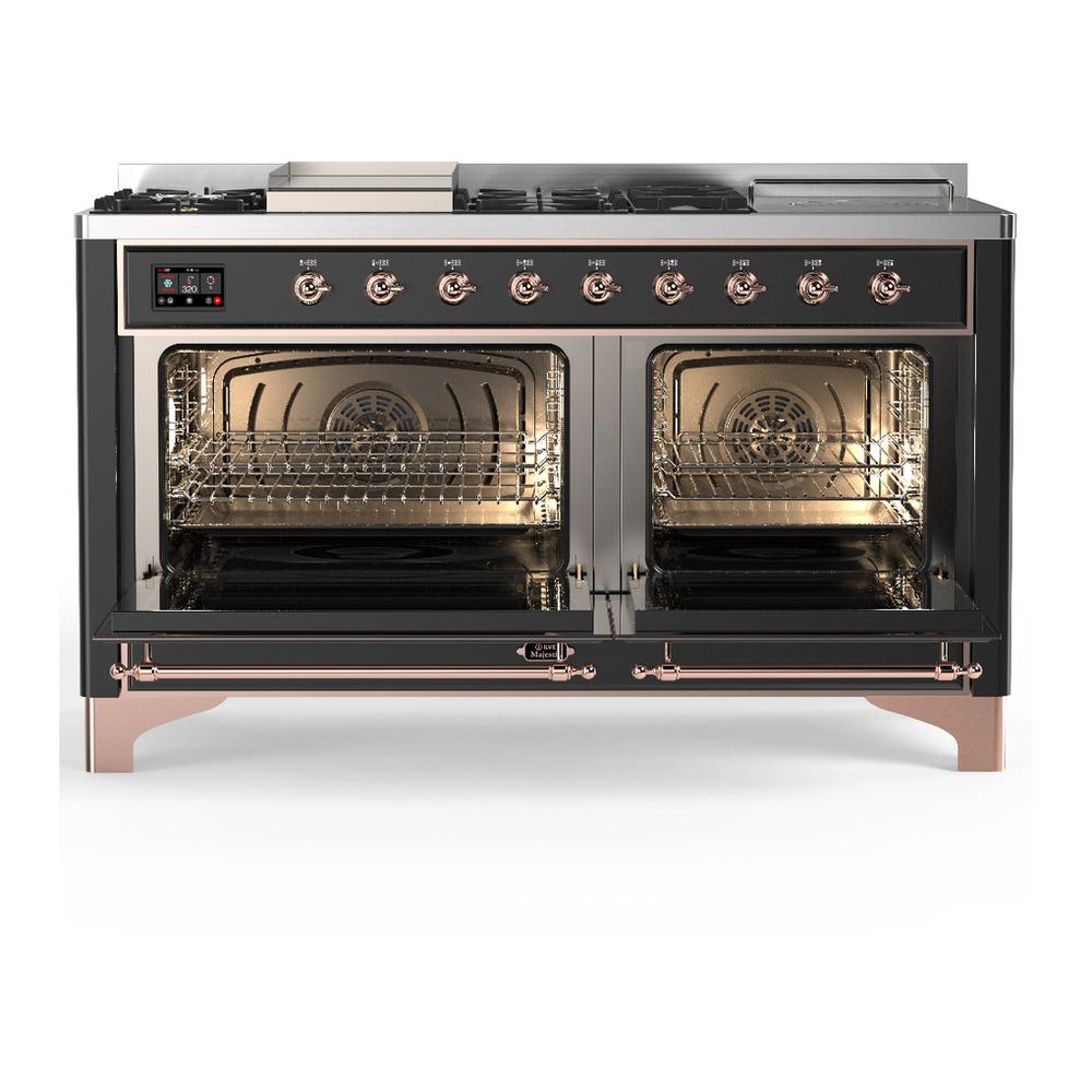ILVE UM60FSNR3MGPLP Majestic III 60 inch Dual Fuel Range with 7 Burners, Griddle and French Top, Dual Function Burner with up to 25,000 BTU (Liquid Propane, Triple Glass Door, Graphite Matte, Copper)