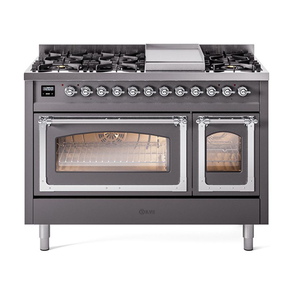 ILVE UN48FNMPMGCLP Nostalgie II Noblesse 48 inch Dual Fuel Range (8 Sealed Burners + Griddle, Liquid Propane, Triple Glass Door, Graphite Matte, Chrome)