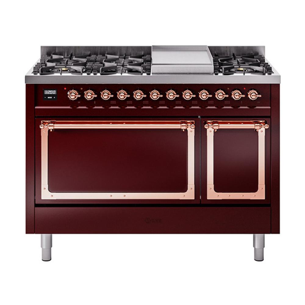 ILVE UN48FQNMPBUP Nostalgie II Noblesse 48 inch Dual Fuel Range (8 Sealed Burners + Griddle, Natural Gas, Solid Door, Burgundy, Copper)