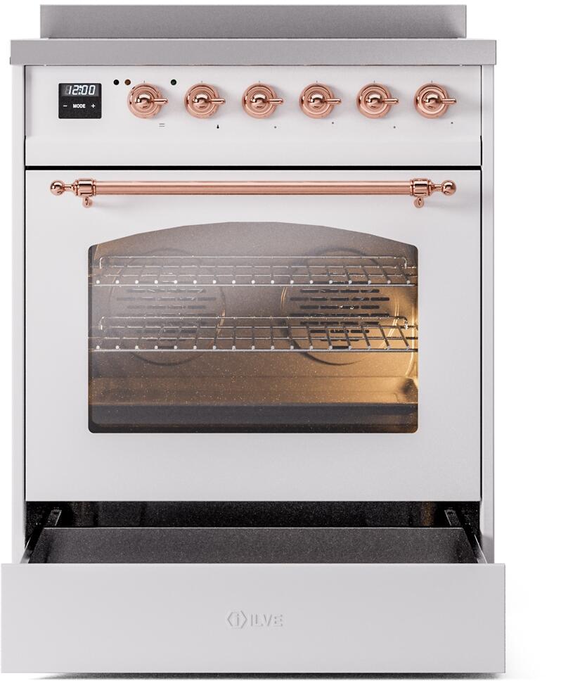 Nostalgie II 30 Inch Electric Freestanding Range in White with Copper Trim