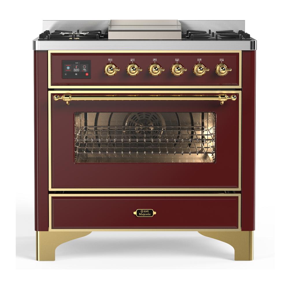 ILVE UM36FNR3BUG Majestic III 36 inch Dual Fuel Range with 6 Black Brass Burners and Griddle, Dual Function Burner up to 25,000 BTU (Triple Glass Door, Burgundy, Brass, Natural Gas)