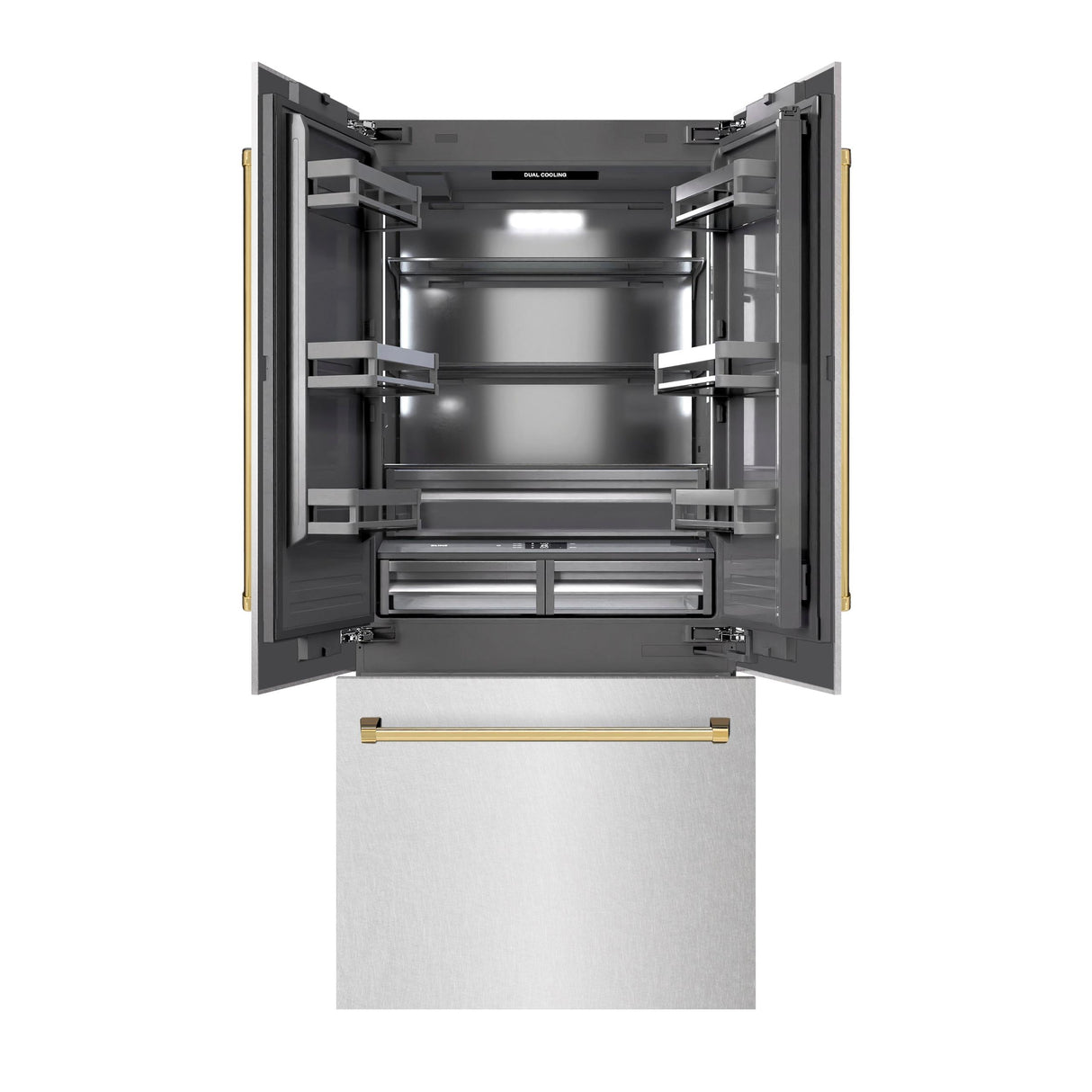 ZLINE Autograph Edition 36 in. 19.6 cu. ft. French Door Built-In Bottom Freezer Refrigerator with Water Dispenser and Ice Maker in DuraSnow' Stainless Steel with Graphite Gray Interior and Polished Gold Accents (GRBIVZ-SN-36-G)