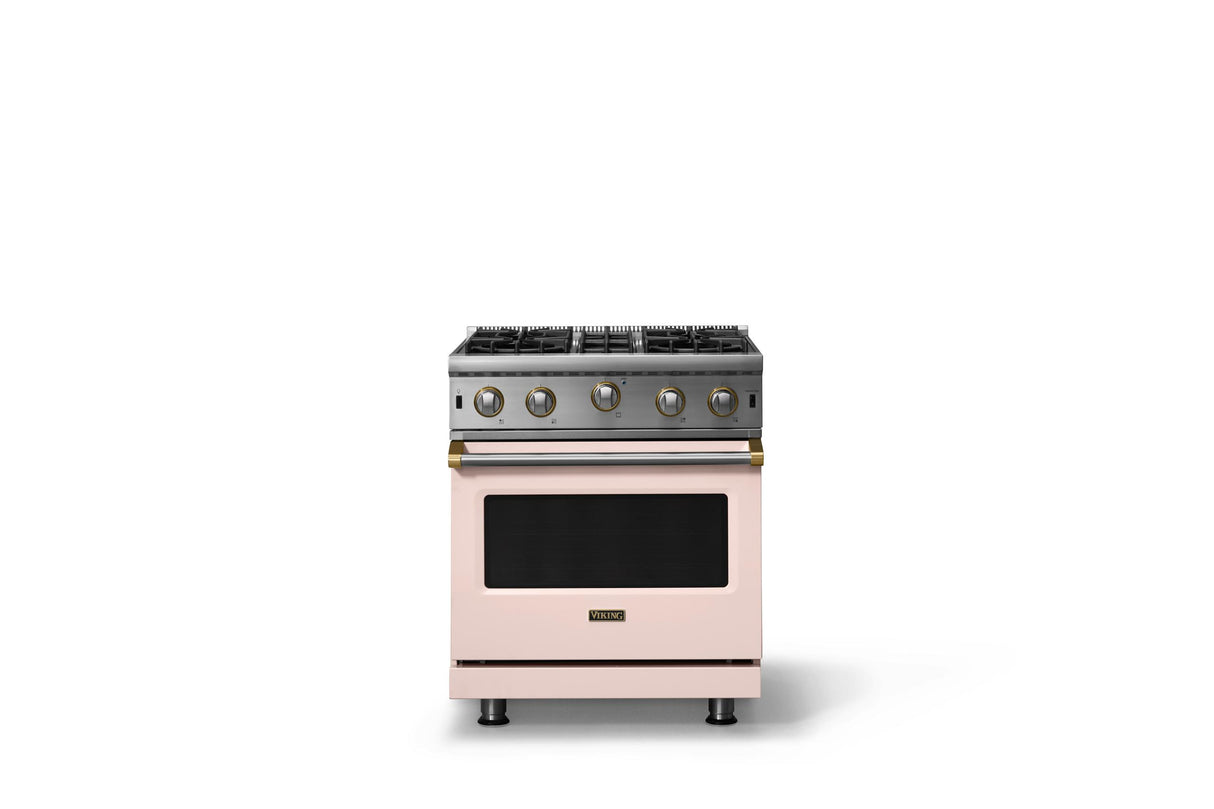 30"W. Open Burner Gas Range (Finish: Blush, Trim: Brushed Brass, Fuel: Natural Gas)