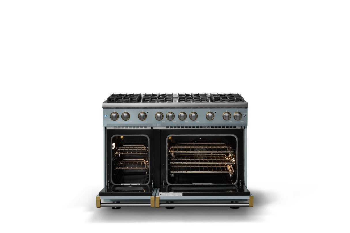 48"W. Sealed Burner Gas Range (Burner: 8b, Finish: November Sky, Trim: Brushed Brass, Fuel: Propane)