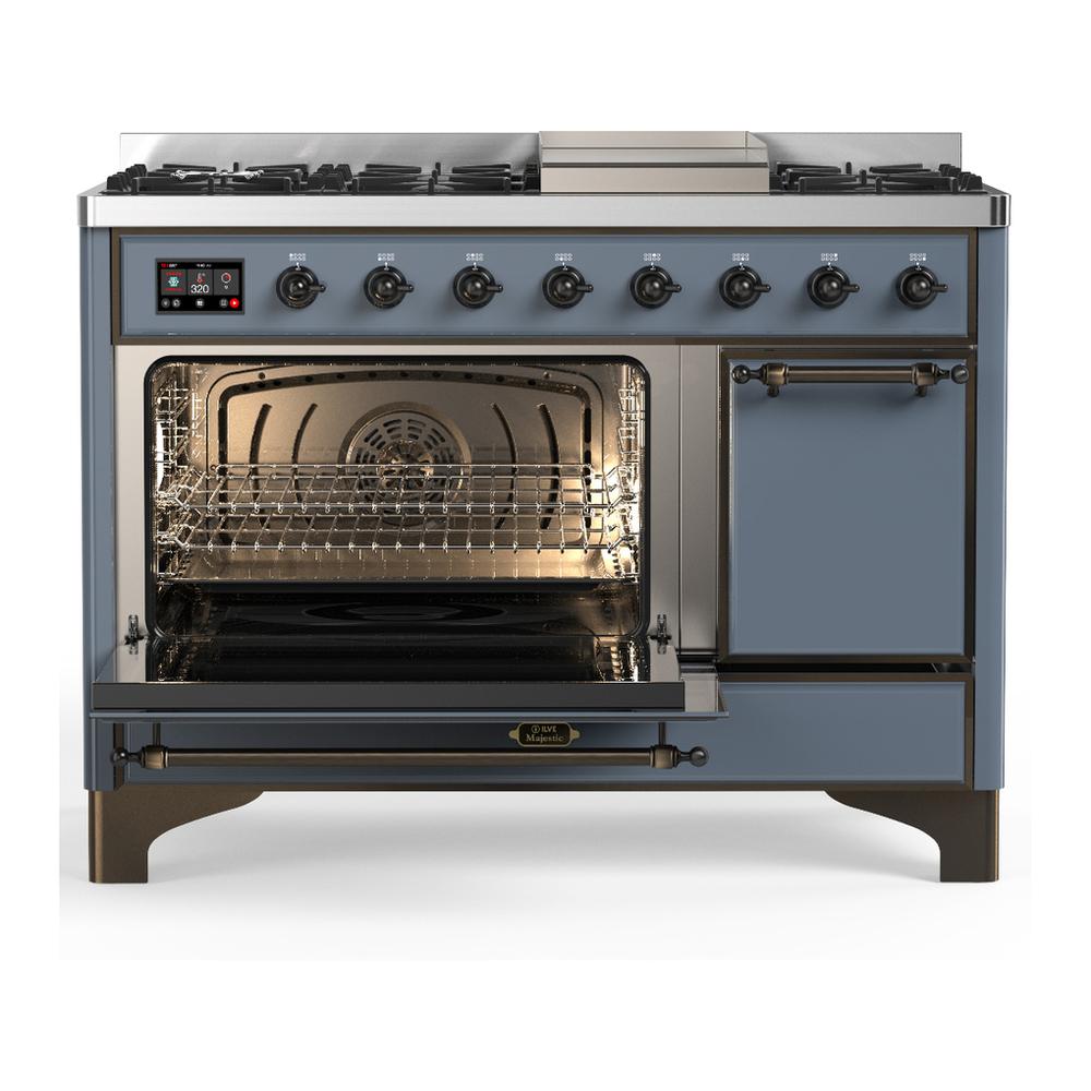 ILVE UM48FQNR3BGB Majestic III 48 inch Dual Fuel Range with 8 Burners and Griddle, Dual Function Burner up to 25,000 BTU (Natural Gas, Solid Door, Blue Grey, Burnished)