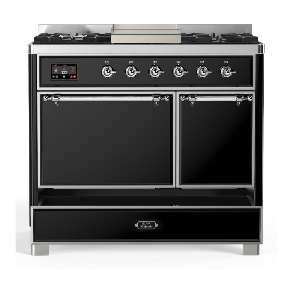 ILVE UMD40FQNR3BKC Majestic III 40 inch Dual Fuel Range with 6 Burners and Griddle, Dual Function Burner up to 25,000 BTU (Natural Gas, Solid Door, Glossy Black, Chrome)