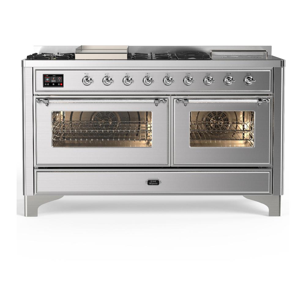 ILVE UM60FSNR3SSC Majestic III 60 inch Dual Fuel Range with 7 Burners, Griddle and French Top, Dual Function Burner with up to 25,000 BTU (Natural Gas, Triple Glass Door, Stainless Steel, Chrome)