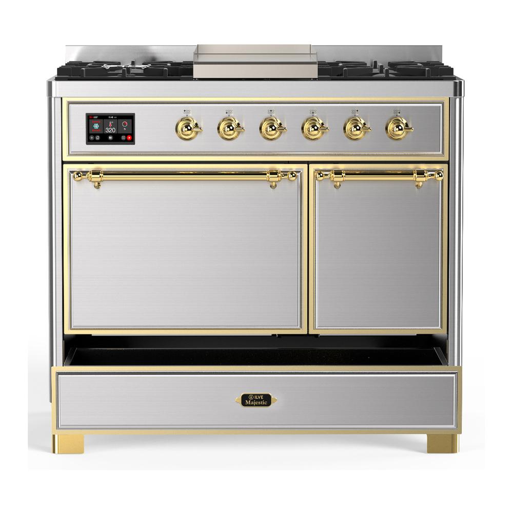 ILVE UMD40FQNR3SSG Majestic III 40 inch Dual Fuel Range with 6 Burners and Griddle, Dual Function Burner up to 25,000 BTU (Natural Gas, Solid Door, Stainless Steel, Brass)