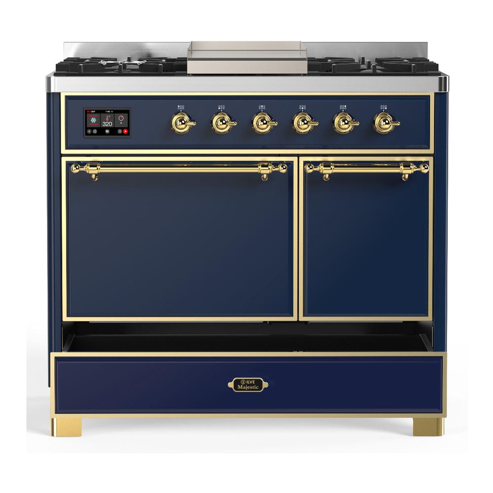 ILVE UMD40FQNR3MBGLP Majestic III 40 inch Dual Fuel Range with 6 Burners and Griddle, Dual Function Burner up to 25,000 BTU (Liquid Propane, Solid Door, Midnight Blue, Brass)