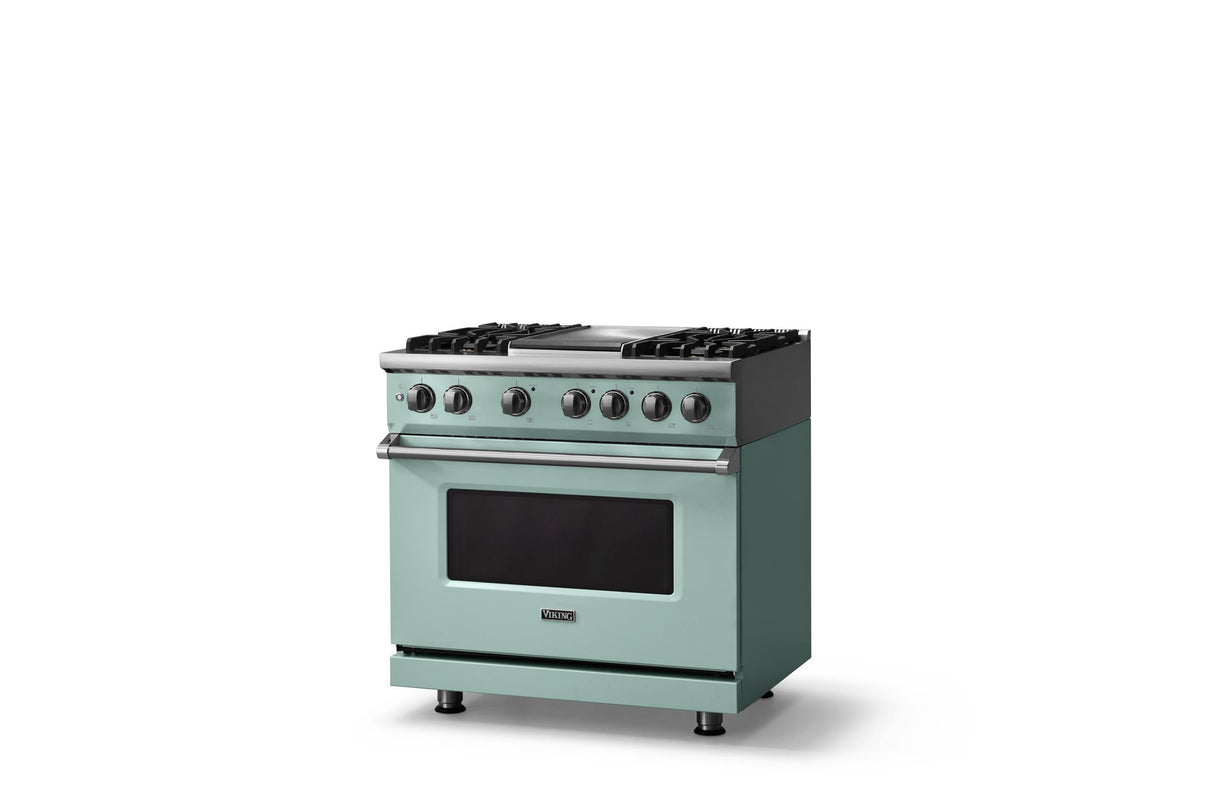 36"W. Dual Fuel Range (Burner: 4g, Finish: Splash, Trim: Polished Chrome, Fuel: Natural Gas)