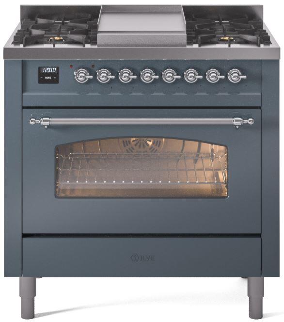 Nostalgie II 36 Inch Dual Fuel Natural Gas Freestanding Range in Blue Grey with Chrome Trim