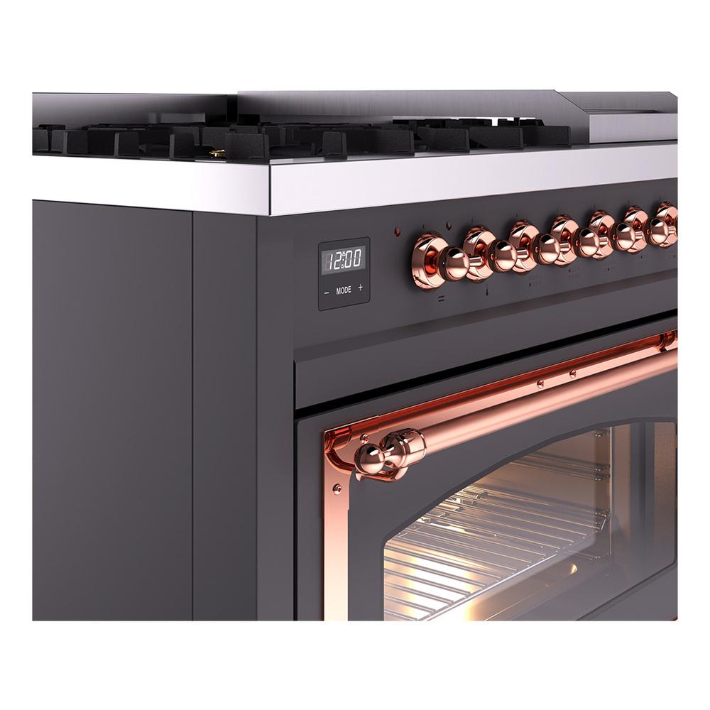 ILVE UN48FNMPMGP Nostalgie II Noblesse 48 inch Dual Fuel Range (8 Sealed Burners + Griddle, Natural Gas, Triple Glass Door, Graphite Matte, Copper)