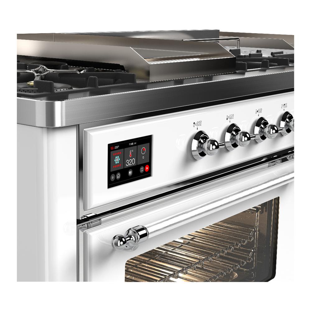 ILVE UM60FSNR3WHC Majestic III 60 inch Dual Fuel Range with 7 Burners, Griddle and French Top, Dual Function Burner with up to 25,000 BTU (Natural Gas, Triple Glass Door, White, Chrome)