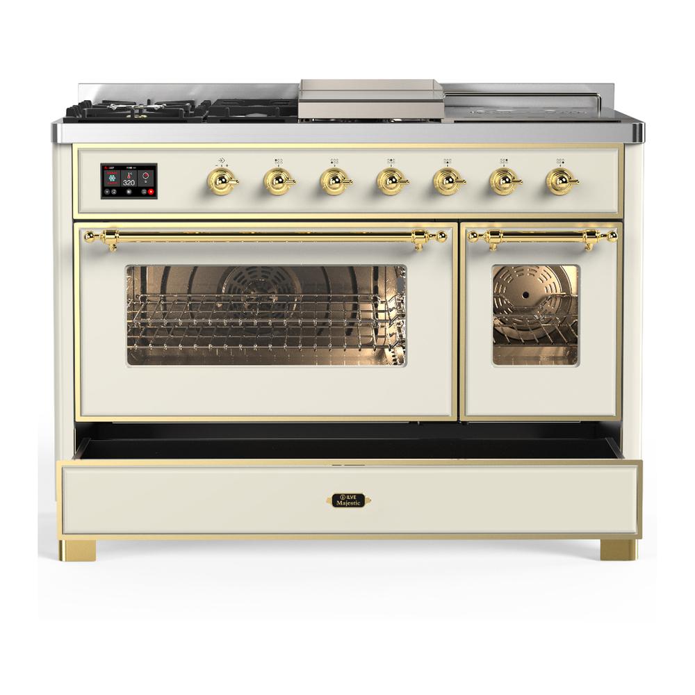 ILVE UM48FSNR3AWG Majestic III 48 inch Dual Fuel Range with 5 Black Brass Burners, Griddle and French Top, Dual Function Burner up to 25,000 BTU (Natural Gas, Triple Glass Door, Antique White, Brass)