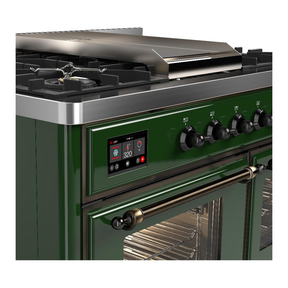 ILVE UMD40FNR3EGBLP Majestic III 40 inch Dual Fuel Range with 6 Burners and Griddle, Dual Function Burner up to 25,000 BTU (Liquid Propane, Triple Glass Door, Emerald Green, Burnished)