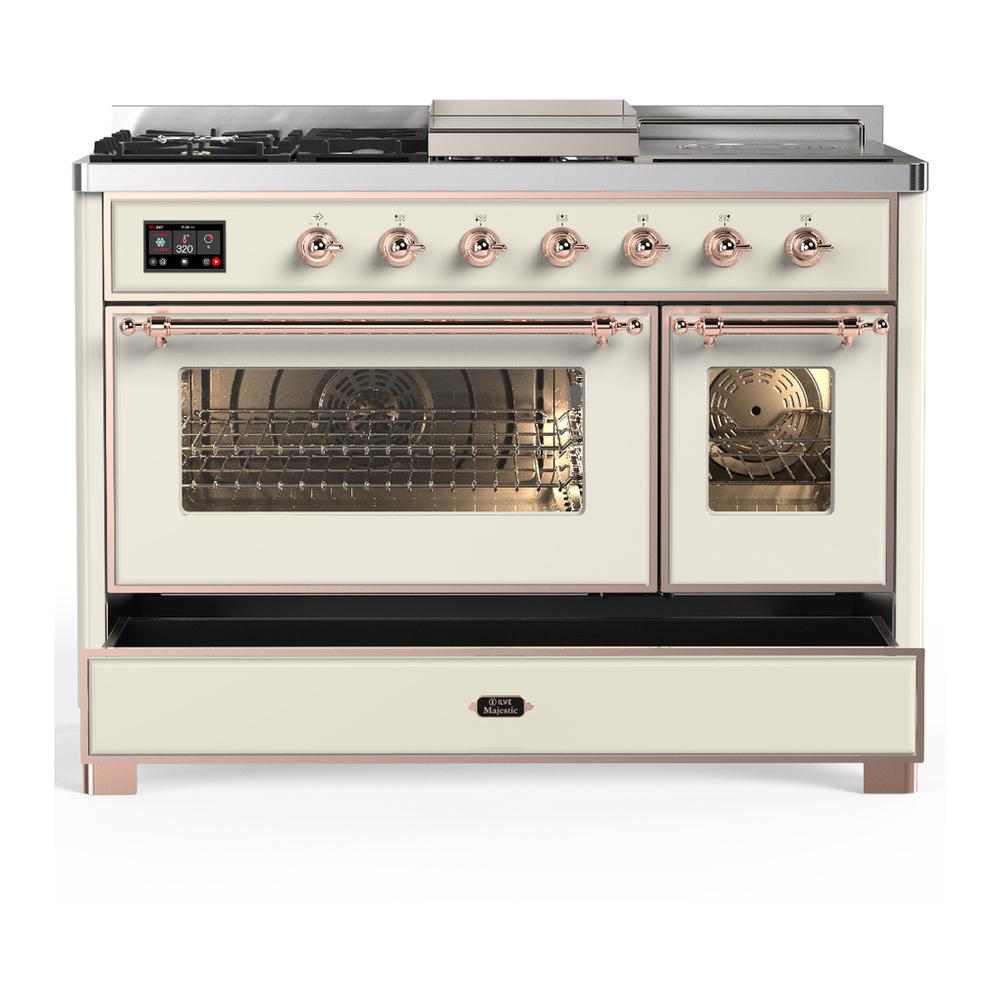 ILVE UM48FSNR3AWP Majestic III 48 inch Dual Fuel Range with 5 Black Brass Burners, Griddle and French Top, Dual Function Burner up to 25,000 BTU (Natural Gas, Triple Glass Door, Antique White, Copper)