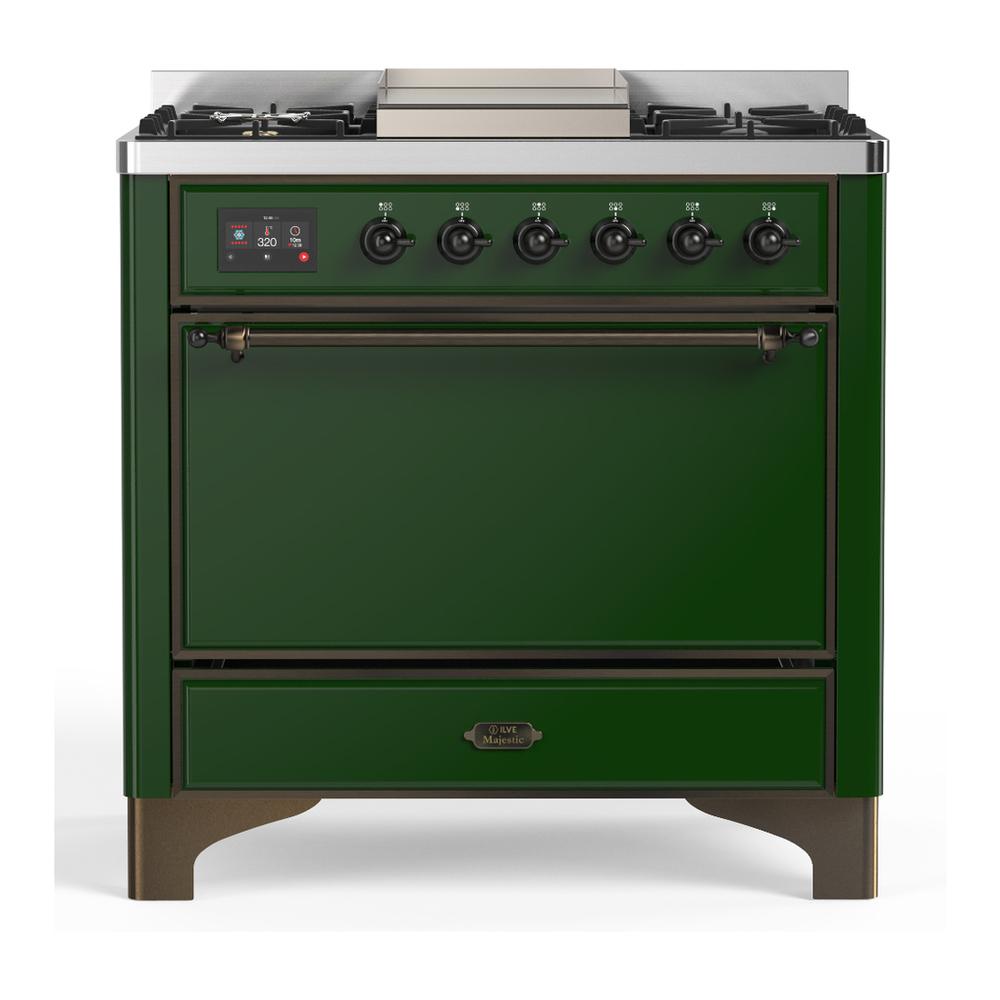 ILVE UM36FQNR3EGBLP Majestic III 36 inch Dual Fuel Range with 6 Black Brass Burners and Griddle, Dual Function Burner up to 25,000 BTU (Solid Door, Emerald Green, Burnished, Liquid Propane)